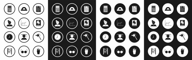 Set File document and paper clip, Pie chart infographic, Teacher, Calculator, World map on school blackboard, Protractor grid for measuring degrees, Magnifying glass and Clock icon. Vector
