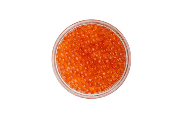 trout caviar in a glass jar, red caviar. top view. isolated