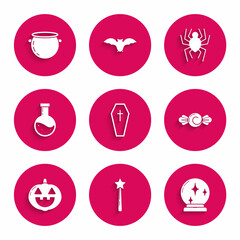 Set Coffin with christian cross, Magic wand, ball, Candy, Pumpkin, Bottle potion, Spider and Halloween witch cauldron icon. Vector