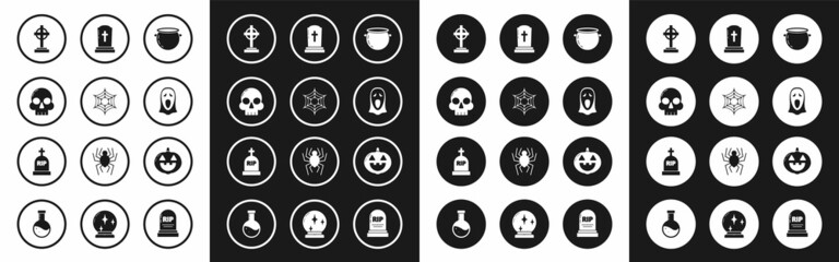 Set Halloween witch cauldron, Spider web, Skull, Tombstone with cross, Funny and scary ghost mask for, Pumpkin and RIP icon. Vector