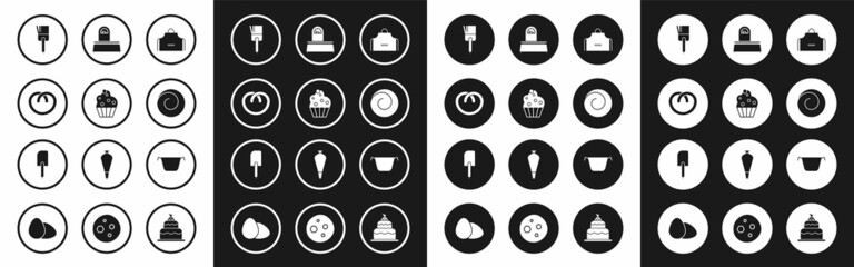 Fototapeta premium Set Kitchen apron, Cupcake, Pretzel, brush, Roll bun with cinnamon, Scales, Cooking pot and Spatula icon. Vector