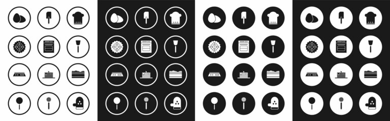 Set Chef hat, Oven, Cracker biscuit, Chicken egg, Spatula, Brownie chocolate cake and Electronic scales icon. Vector