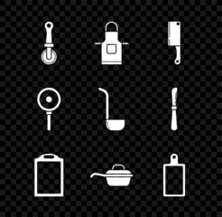 Set Pizza knife, Kitchen apron, Meat chopper, Cutting board, Frying pan, and ladle icon. Vector