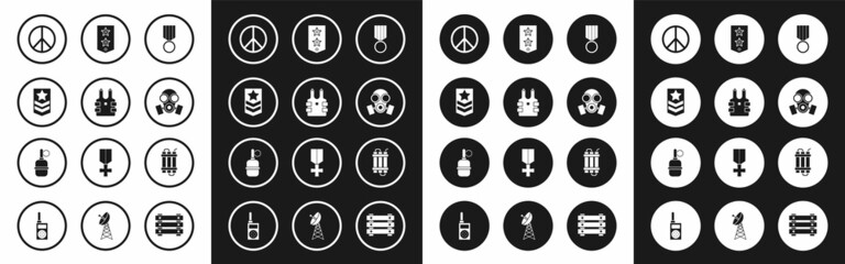 Set Military reward medal, Bulletproof vest for protection from bullets, Chevron, Peace, Gas mask, Detonate dynamite bomb stick and Hand grenade icon. Vector