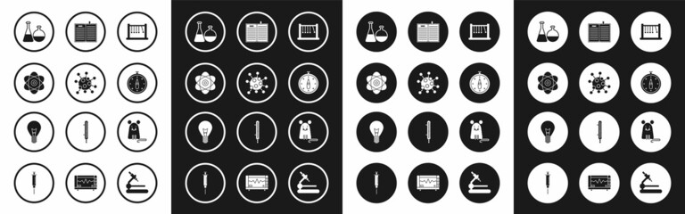Set Pendulum, Bacteria, Atom, Test tube and flask chemical laboratory, Compass, Open science book, Rat and Light bulb with concept of idea icon. Vector