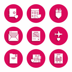 Set Delete file document, Medical clipboard with clinical record, Document graph chart, Plane shield, Personal folder, Mail and e-mail, Family insurance and Safe icon. Vector