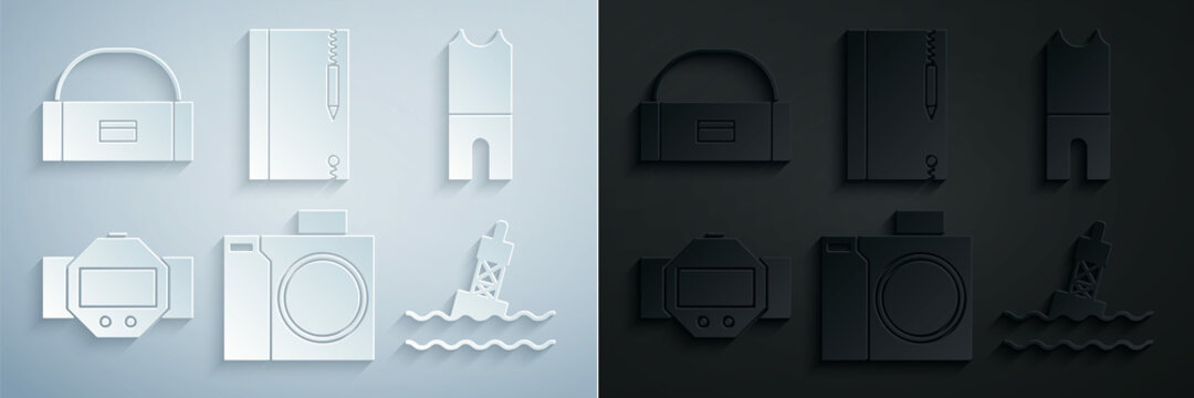 Set Photo camera for diver, Wetsuit scuba diving, Diving watch, Floating buoy on the sea, Underwater note book and pencil and Case box container wobbler icon. Vector