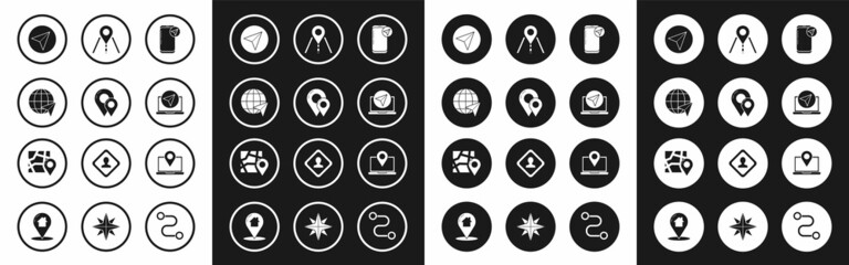 Set Infographic of city map navigation, Map pin, Location the globe, Paper airplane, Road traffic sign, Laptop with location marker and Folded icon. Vector