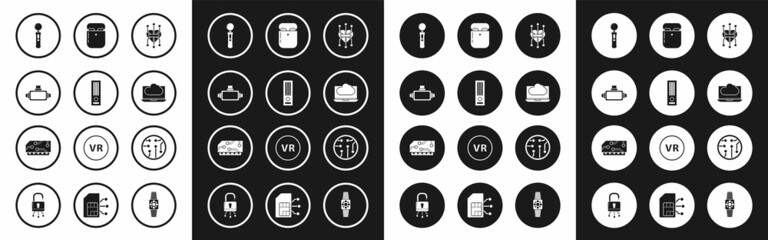 Set Processor, Video game console, Virtual reality glasses, Gamepad, Cloud technology data transfer and storage, Air headphones in box, and RAM, random access memory icon. Vector