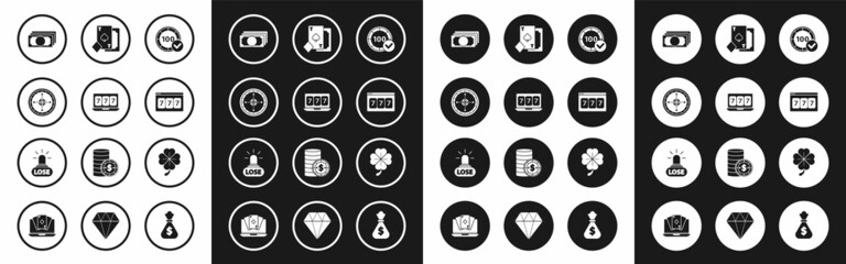 Set Casino chips, Online slot machine with lucky sevens jackpot, roulette wheel, Stacks paper money cash, Playing card spades, Four leaf clover and losing icon. Vector