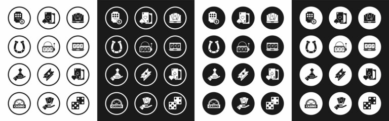 Set Online poker table game, Slot machine with lucky sevens jackpot, Horseshoe, slot, Playing card heart, clubs symbol and Hand holding money bag icon. Vector
