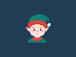Pixel art Santa Boy Elf. Vector 8 bit style retro illustration of Santa helper  Isolated winter avatar.
