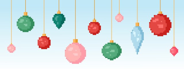 Pixel art Christmas decorations. Vector 8 bit style clipart set of Christmas bauble toys. Isolated elements of computer graphic.
