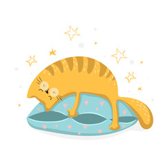 Funny sleaping cat on blue pillow, vector illustration EPS 10