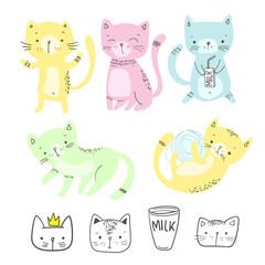 Set of cute cats in flat style, illustrations for kids, vector EPS 10