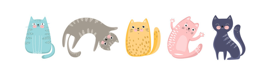 Set of cute cats in flat style, illustrations for kids, vector EPS 10