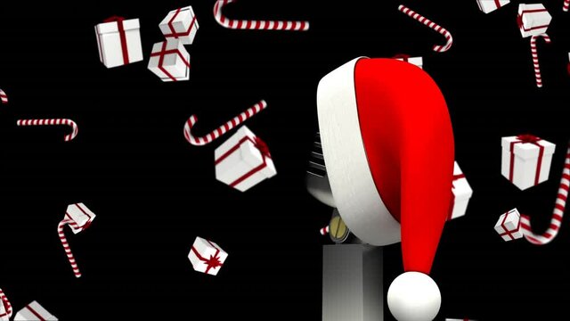 Animation of santa hat on vintage microphone with christmas presents falling on black background