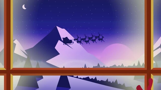 Animation of winter scenery with santa in sleigh with reindeer