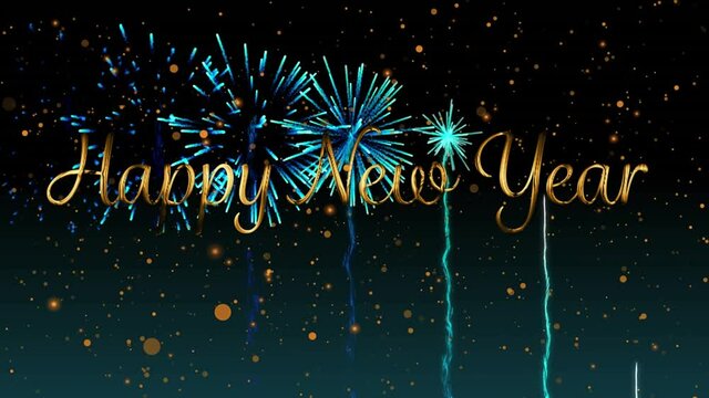 Animation of happy new year text over fireworks