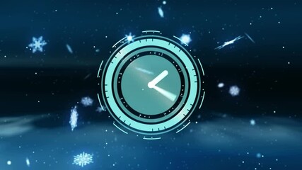 Animation of clock with moving hands over snow falling on black background - Powered by Adobe