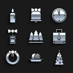 Set Christmas trees, Marzipan sponge cake, with decorations, paper shopping bag, wreath, Price tag inscription Sale, Clock and Burning candle candlestick icon. Vector