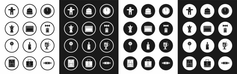 Fototapeta premium Set Clock, Calendar, Christmas star, Holiday gingerbread man cookie, Price tag with inscription Sale, Cake, Mulled wine glass of drink and Lollipop icon. Vector