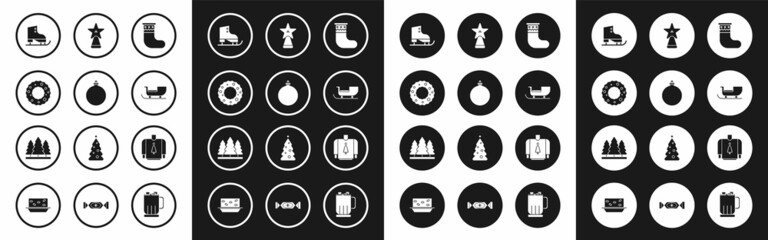 Set Christmas stocking, ball, wreath, Figure skates, santa claus sleigh, star, sweater and trees icon. Vector