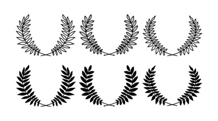 Laurel wreath. Set of outline and silhouette vector hand drawn laurel wreaths isolated on white background. Doodle style. Outline and silhouette floral frames.