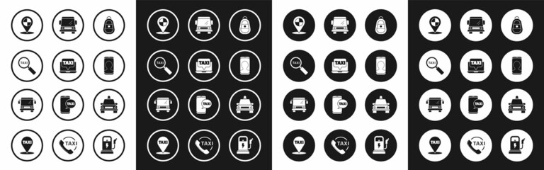 Set Car key with remote, Laptop call taxi service, Magnifying glass and car, Map pointer, Taxi telephone, and Bus icon. Vector