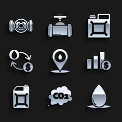 Set Refill petrol fuel location, Oil drop, Pie chart infographic and dollar, Canister for gasoline, exchange, water transfer, convert, and Industry metallic pipes valve icon. Vector