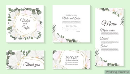 Vector floral frame for a postcard. White orchids, eucalyptus, green plants and leaves, gold sequins. Floral design for wedding invitation.