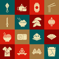 Set Rstaurant opened take out box filled, Paper chinese or japanese folding fan, Japanese paper lantern, Rice bowl with chopstick, katana, ninja shuriken and Chinese fortune cookie icon. Vector