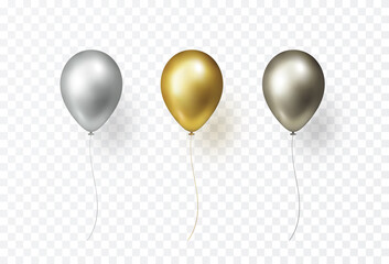 Balloon set isolated on transparent background. Vector realistic metallic golden black, gold bronze and silver festive 3d helium balloons template for anniversary, birthday party design