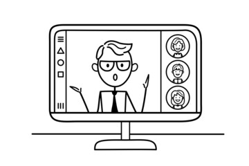 Telecommuting concept. Online learning. Video conference. Remote employee communicates via the Internet. Teacher working, taking part in online negotiations, in business activities.  Working from home