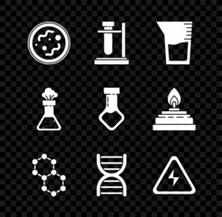 Set Bacteria, Test tube flask on stand, Laboratory glassware or beaker, Molecule, DNA symbol, High voltage sign, chemical and icon. Vector