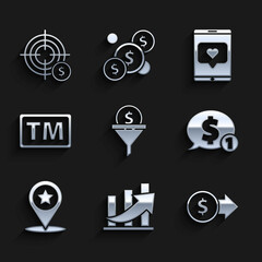 Set Lead management, Financial growth and coin, Coin money with dollar symbol, Speech bubble, Map pointer star, Trademark, Mobile phone like heart and Target icon. Vector
