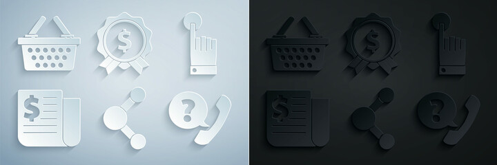 Set Share, Hand touch and tap gesture, Financial news, Telephone handset speech bubble chat, Price tag with dollar and Shopping basket icon. Vector