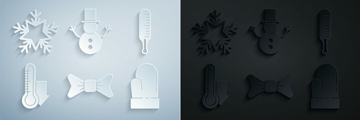 Set Bow tie, Meteorology thermometer measuring, Christmas mitten, snowman and Snowflake icon. Vector