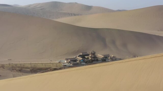 sunny evening time desert dunes old town aerial panorama 4k gansu china