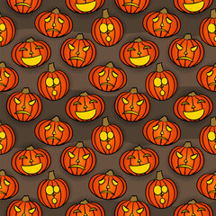 Halloween dark seamless pattern with carved pumpkins. Cartoon background in comic style. funny jack. Vector illustration for poster, banner or party flyer.