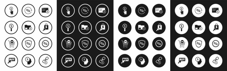 Set Online shopping on screen, Envelope with coin dollar, Magnifying glass and, Hand holding, Shoping bag, Discount percent tag, and Remove cart icon. Vector