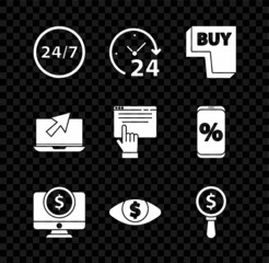 Set Clock 24 hours, Buy button, Computer monitor with dollar, Eye, Magnifying glass and, Laptop cursor and Online shopping screen icon. Vector
