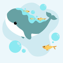 Flat vector illustration of blue whale. Blue whale icons. Decorative cute illustration for children. Graphic design elements for print and web.