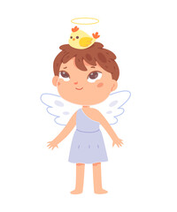 Cute angel baby boy, little kid wearing angel costume with chicken bird crown on head