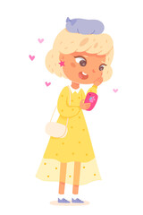 Little girl talking on phone. Kid calling on smartphone isolated on white background. Child holding mobile device in hand vector illustration. Fun social activities with electronics