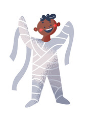 Mummy cute kid character at fun Halloween horror holiday, creepy party celebration