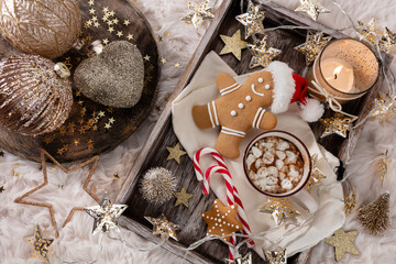 Hot chocolate with marshmallow on wool background. Christmas concept