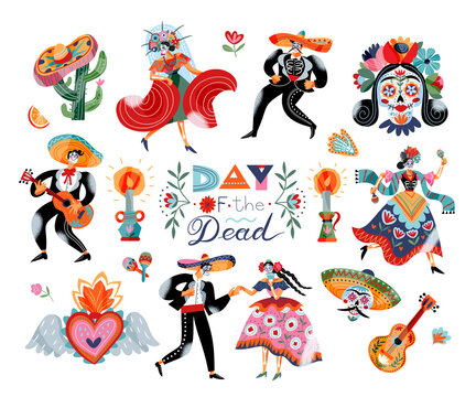 Set of traditional Mexican holiday Day of The Dead decoration vector flat illustration