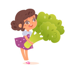 Cute girl holding vegetable, organic vitamin healthy food, girl carrying green broccoli