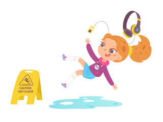 Girl child slipping on wet slippery floor, clumsy kid listening to music, fall accident